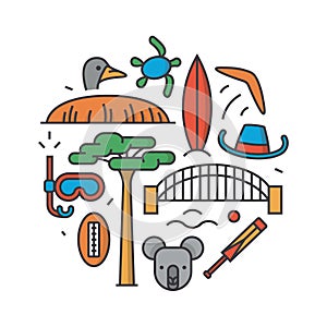 Australia, vector outline illustration, pattern, white background: boomerang, hat, serf, bridge, cricket, koala, tree