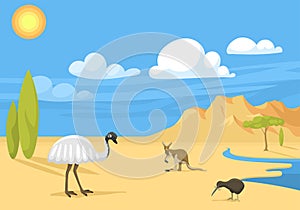 Australia wild background landscape animals cartoon popular nature flat style australian native forest vector