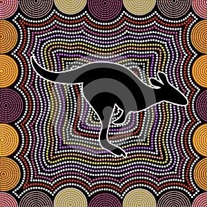Australian aboriginal art seamless  pattern with dotted circles, kangaroo and crooked stripes on black background