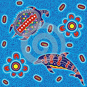 Australian aboriginal art seamless vector pattern with dolphin, turtle and other dotted typical elements