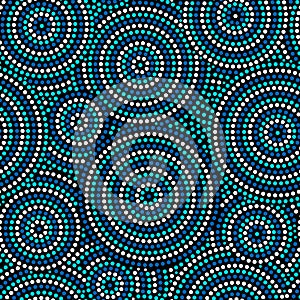 Australian aboriginal dot art circles abstract geometric seamless pattern in blue and white, vector