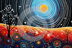 Australian aboriginal dot painting style art of night sky.