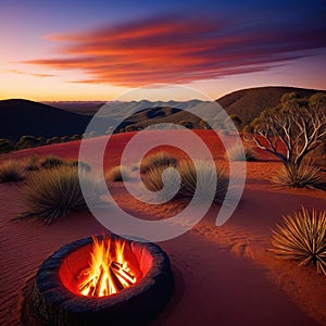 Australian aboriginal following songlines over hills and dry red desert walking routes that crossed the linking important sites