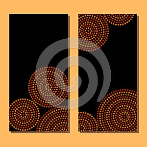 Australian aboriginal geometric art concentric circles in orange brown and black, two cards set, vector
