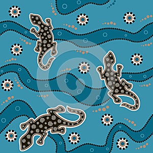 Australian aboriginal seamless vector pattern with dotted circles, lizars, spirals, rings and crooked stripes