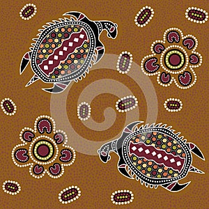 Australian aboriginal seamless vector pattern with dotted circles, ovals, turtles and other elements