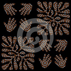 Australian aboriginal seamless vector pattern including ethnic Australian motive with dotted circles, palm, leaf and other typical