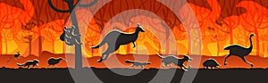 Australian animals silhouettes running from forest fires in australia wildfire bushfire burning trees natural disaster