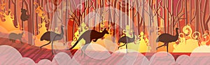 Australian animals silhouettes running from forest fires in australia wildfire bushfire burning trees natural disaster