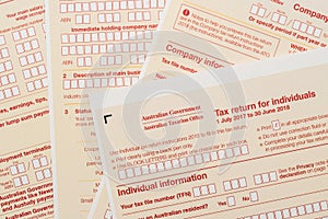 Australian annual  tax return forms. Tax  concept