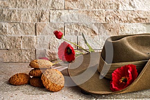 Australian Anzac Day. Australian army slouch hat and traditional Anzac biscuits.