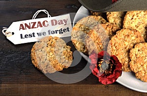 Australian army slouch hat and traditional Anzac biscuits with tag photo