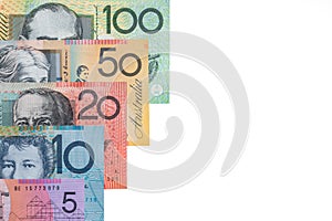 Australian bank notes on white background