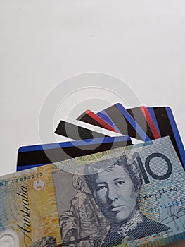 australian banknote of ten dollar and credit cards, background and texture