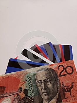 australian banknote of twenty dollar and credit cards, background and texture