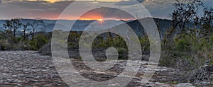 Australian Bush Sunset Panorama with Tessellated Rock and Sunburst