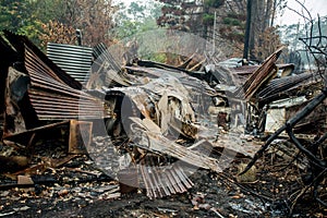 Australian bushfire aftermath: Burnt building ruins and rubble