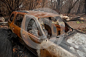 Australian bushfire aftermath: Burnt car carcass