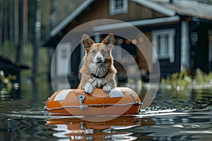 Australian cattle dog sitting on a life preserver in the water