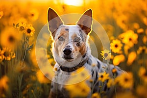Australian cattle dog sitting in meadow field surrounded by vibrant wildflowers and grass on sunny day AI Generated