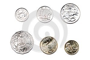 Australian coins on a white background