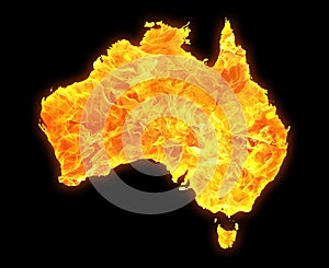 Australian continent outline with a bright fire pattern isolated on a black background