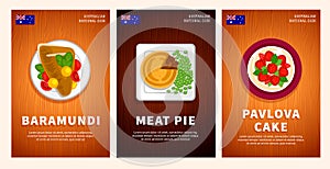 Australian cuisine, traditional food, national dishes on a wooden table. Baramundi fish, Meat Pie, Pavlova Cake.