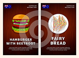Australian cuisine, traditional food, national dishes on a wooden table. Hamburger with beetroot, Fairy bread.