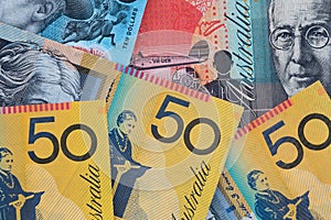 Australian currency closeup featuring fifty dollar notes
