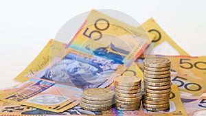 Australian currency: coins and notes with copy space.