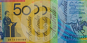 Australian Currency - fifty dollar, ten and one hundred banknote