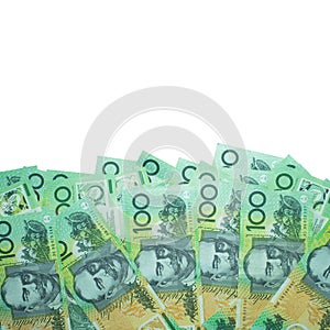 Australian dollar, Australia money 100 dollars banknotes stack on white background with clipping path.