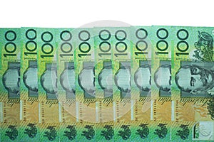 Australian dollar, Australia money 100 dollars banknotes stack on white background with clipping path.