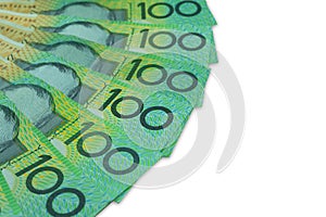 Australian dollar, Australian money 100 dollars banknotes stack on white background with clipping path.