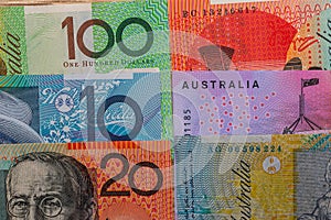 Australian dollar banknotes lied down on table, close up