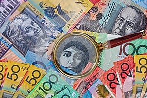 Australian dollar banknotes on wooden table background