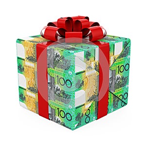 Australian Dollar Money Gift Box with Red Ribbon Isolated