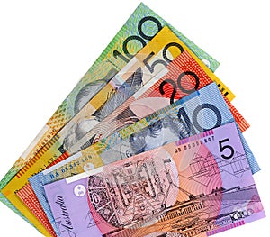 Australia, Australian dollar bills overlapping fan shape isolated on white background
