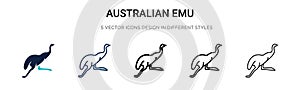 Australian emu icon in filled, thin line, outline and stroke style. Vector illustration of two colored and black australian emu