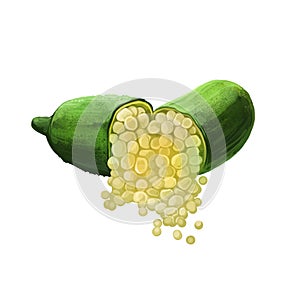 Australian Finger Lime Citrus australasica isolated digital art illustration of open pod fruit and seeds. Caviar lime, thorny
