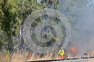 Australian fire fighters fight bush fire in Queensland Australia