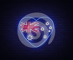 Australian flag in the form of a heart neon sign. Vector Illustrations, Neon Banner, Luminous Billboard, Bright Night