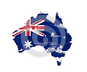 Australian flag on grunge map of Australia isolated on white background. Vector illustration.