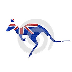 Australian flag of kangaroo contour map watercolour illustration hand drawn isolated on white