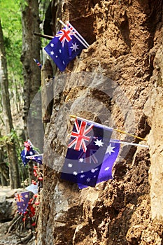 Australian flag, memorial to prisoner of war at Hellfire Pass,