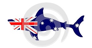 Australian flag over Shark vector silhouette isolated on white. Sea predator. Danger on beach alert. Open jaws of beast.