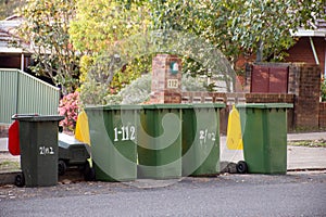 Australian garbage wheelie bins with colourful lids for recycling and general household waste lined up on the street kerbside photo