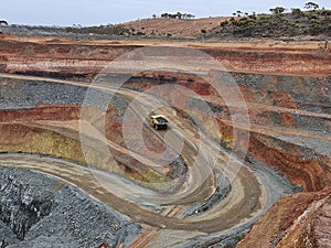 Australian gold lithium iron ore Mining mine with haul truck going up ramp