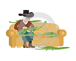 Australian grandmother and crocodile. Australia old woman and an