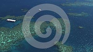 Australian great barrier reef aerial with pontoons for snorkeling